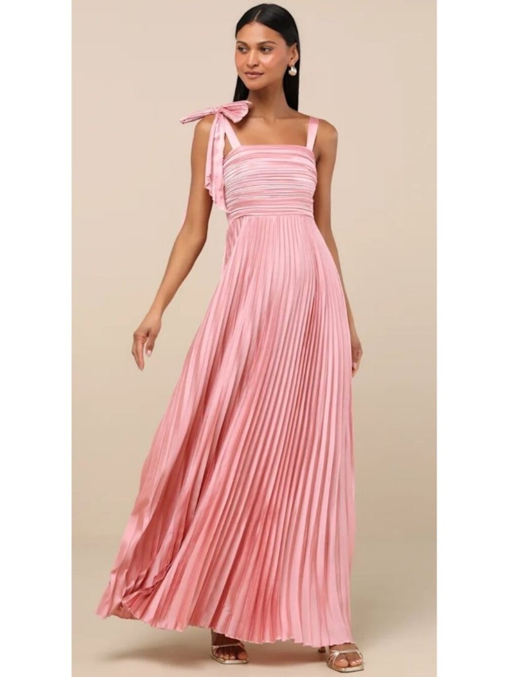 Lulus Gorgeous Purpose Pink Satin Pleated Sleeveless Bow Maxi Dress Size Sm NWT!